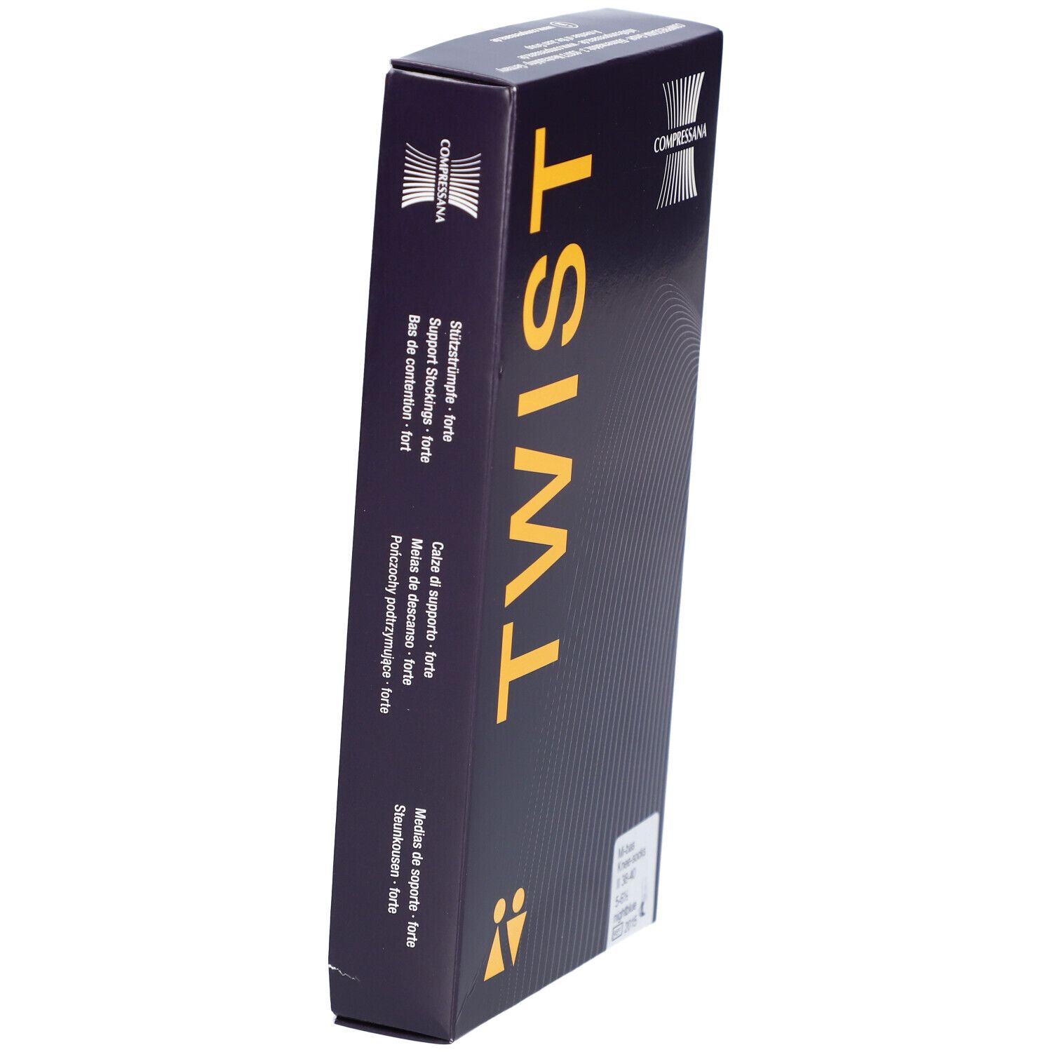 Emballage bleu foncé COMPRESSANA TWIST. Texte TWIST jaune. Inscription : ACTIVITY, LEISURE, JOB, TRAVEL, SPORT. Logo COMPRESSANA.
