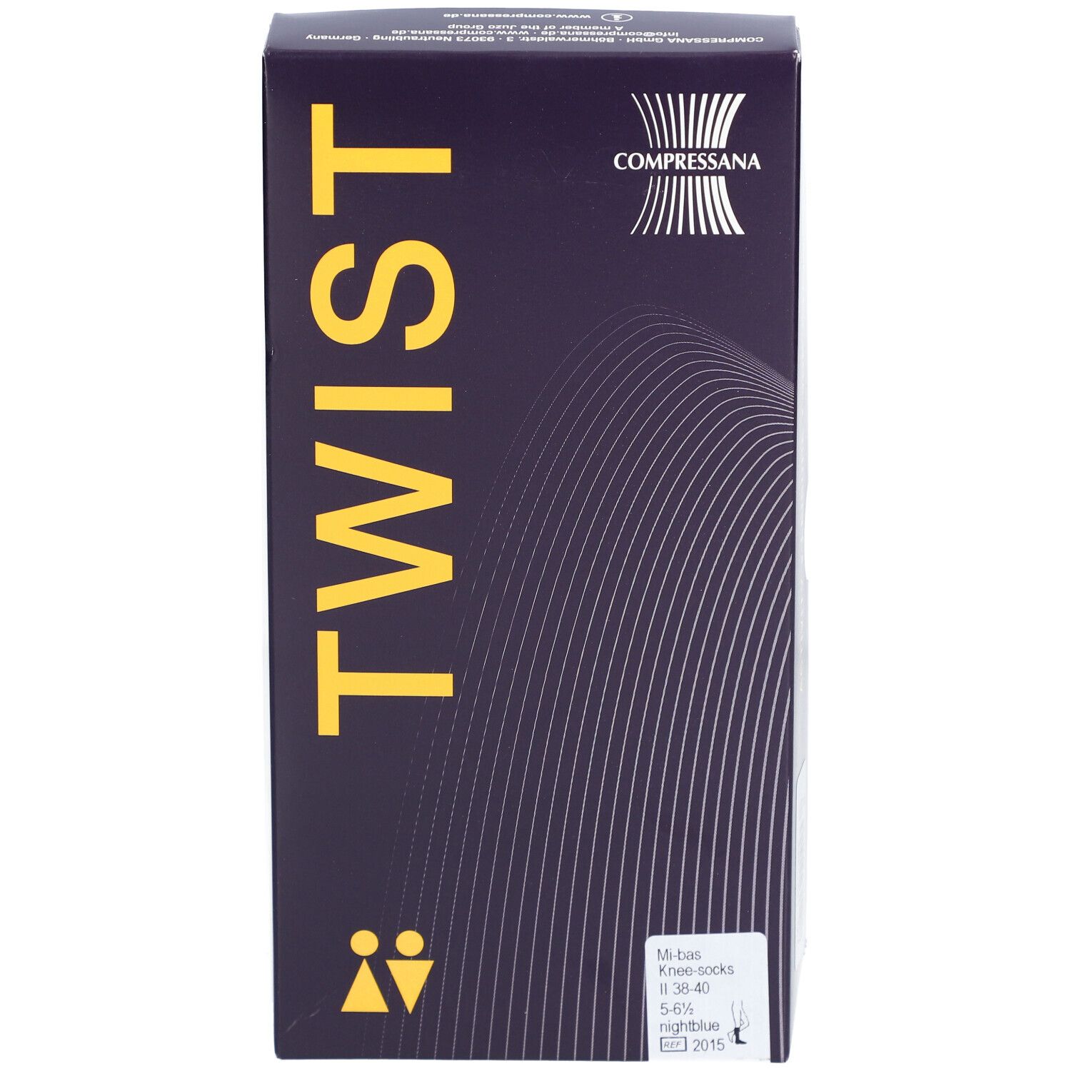 Emballage COMPRESSANA TWIST. Boîte bleu foncé avec texte TWIST jaune. Logo et informations sur le produit. Mi-bas genou.