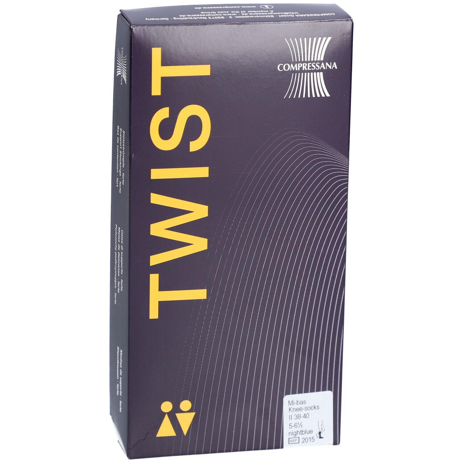 Emballage COMPRESSANA TWIST. Boîte bleu foncé avec texte TWIST jaune. Logo et informations sur le produit. Mi-bas genou.