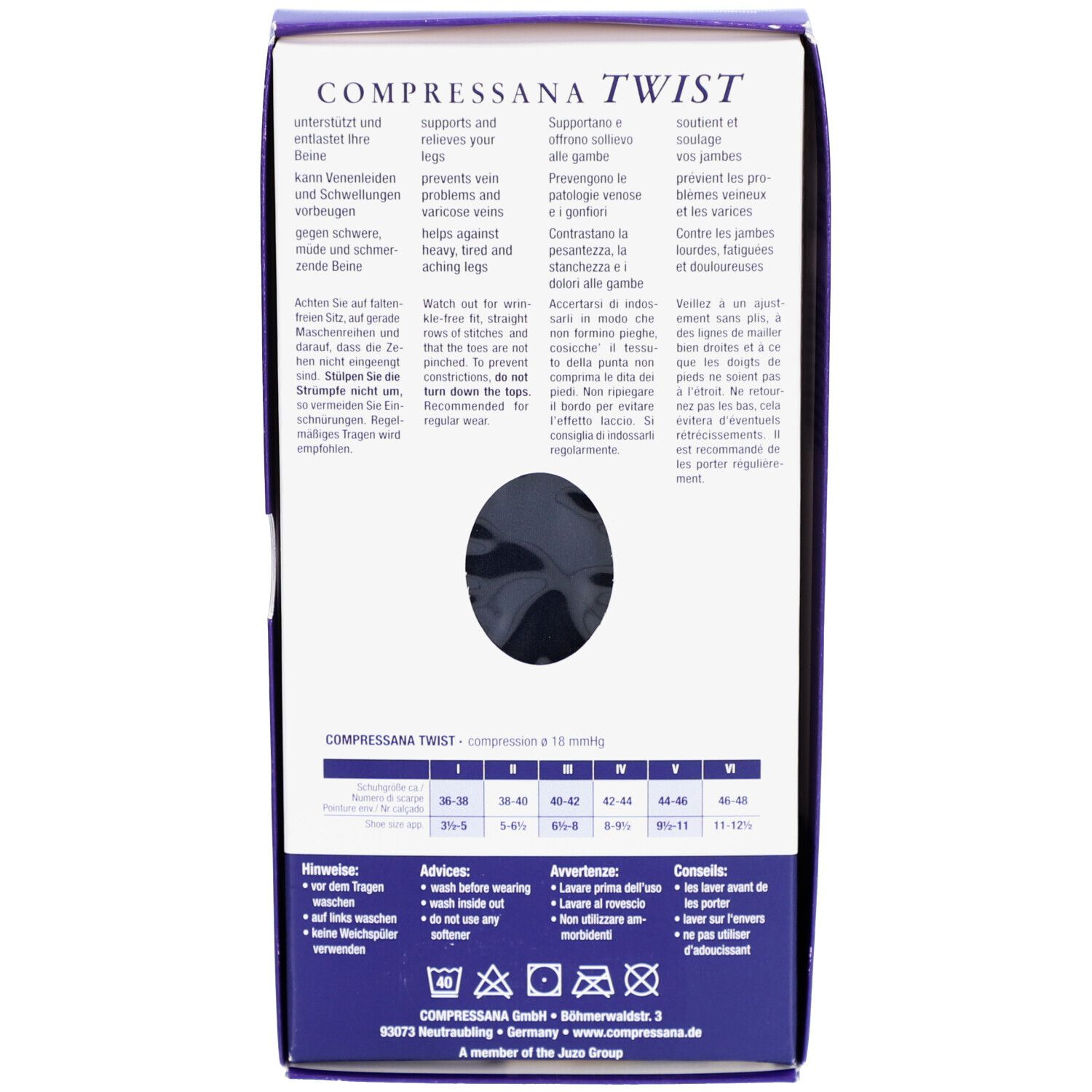 Achterkant verpakking COMPRESSANA TWIST. Tekst: ondersteunt aderen, helpt bij zware benen. Maattabel, wassymbolen.