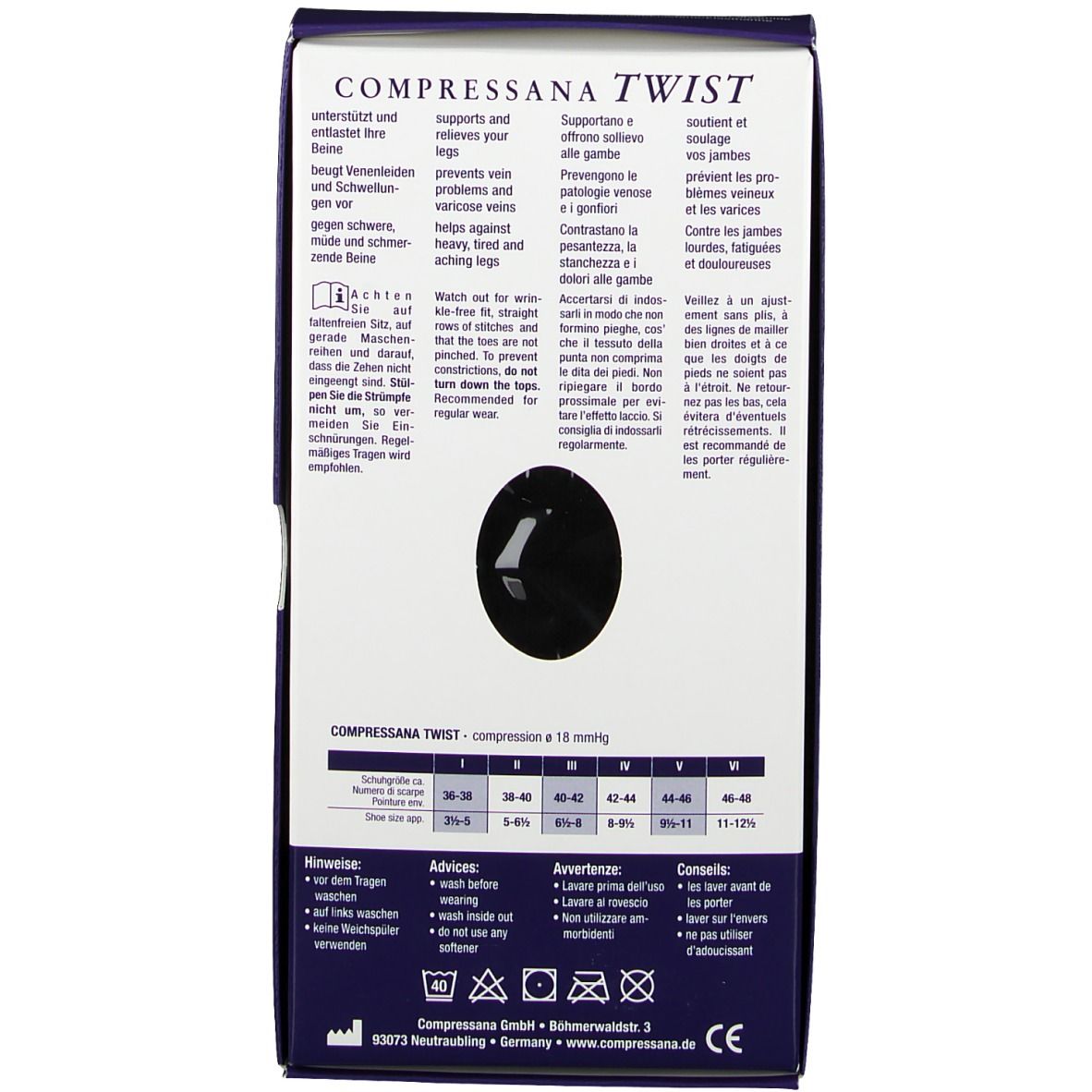 Achterkant van de verpakking. Tekst: COMPRESSANA TWIST, ondersteunt aderen. Maattabel, wassymbolen, CE-markering.
