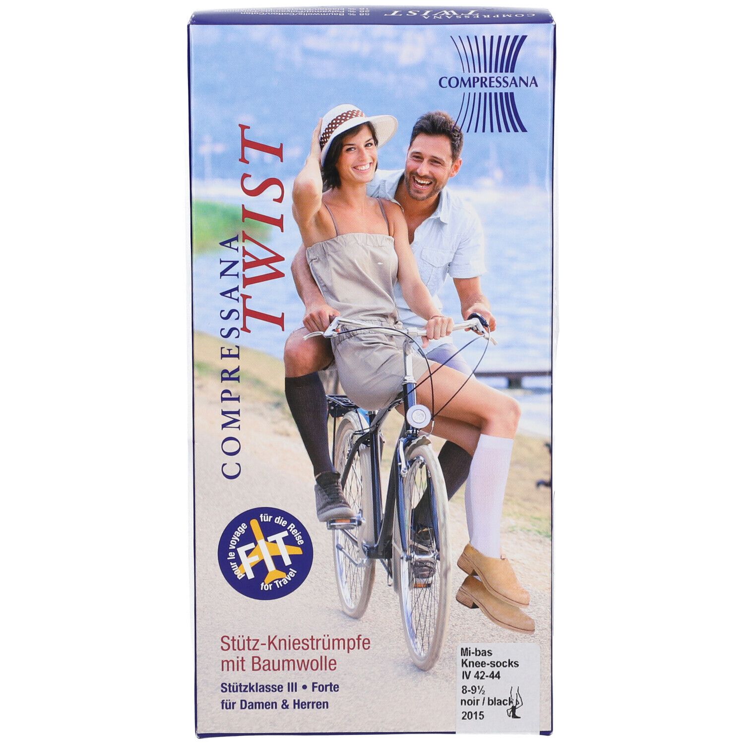 Verpakking COMPRESSANA TWIST kniekousen. Man en vrouw op fiets. Tekst: Stütz-Kniestrümpfe mit Baumwolle.