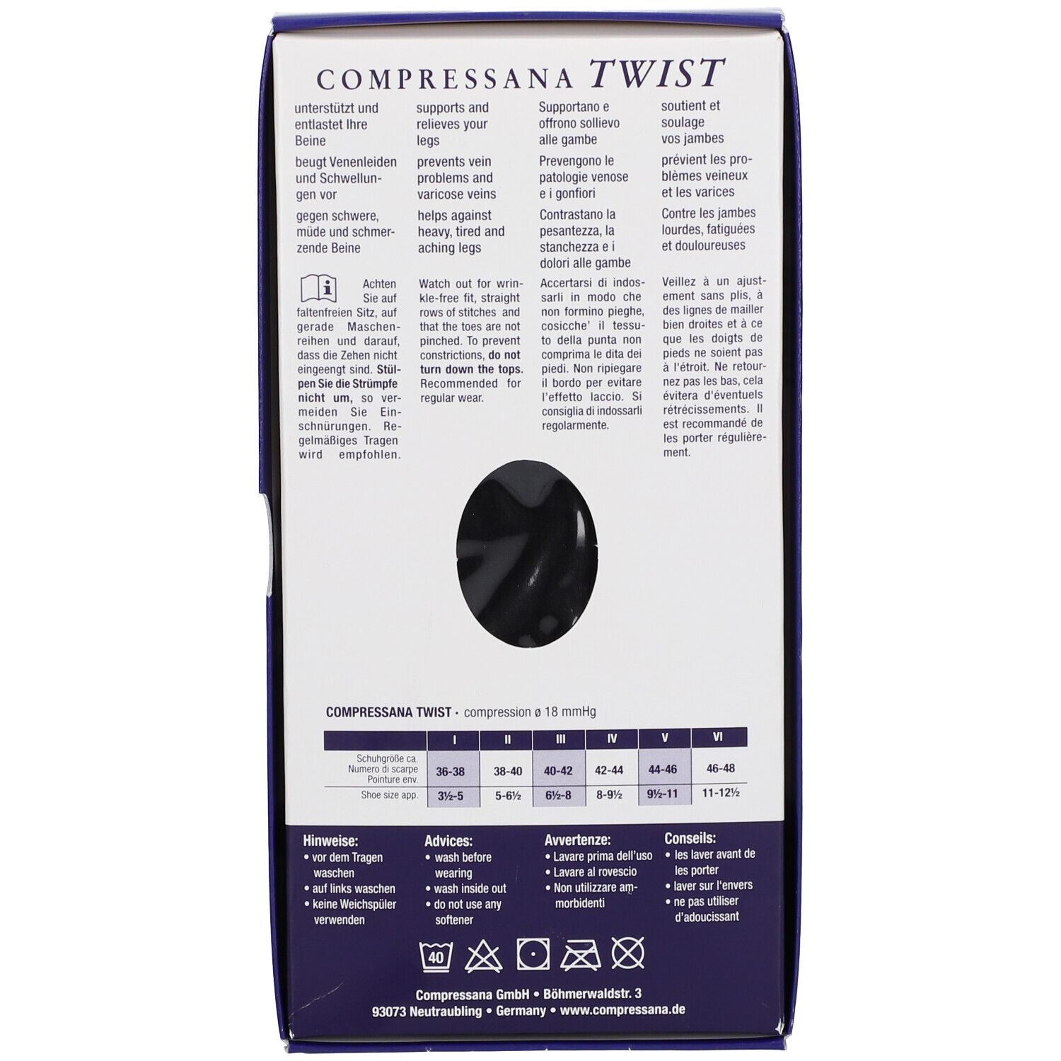 Achterkant verpakking COMPRESSANA TWIST. Zwarte kniekousen. Tekst: Ondersteunt en verlicht uw benen.
