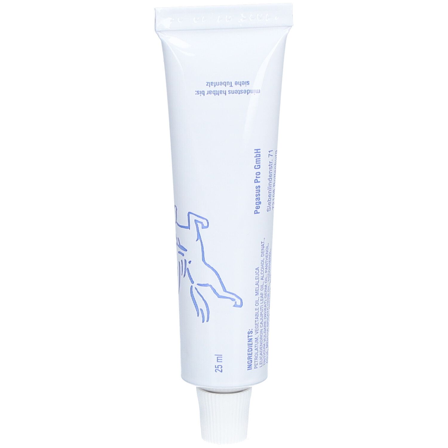 Tube blanc avec logo bleu et texte. Contient 25 ml. Fabricant : Pegasus Pro GmbH. Ingrédients : Huile végétale, Huile minérale, Vaseline.