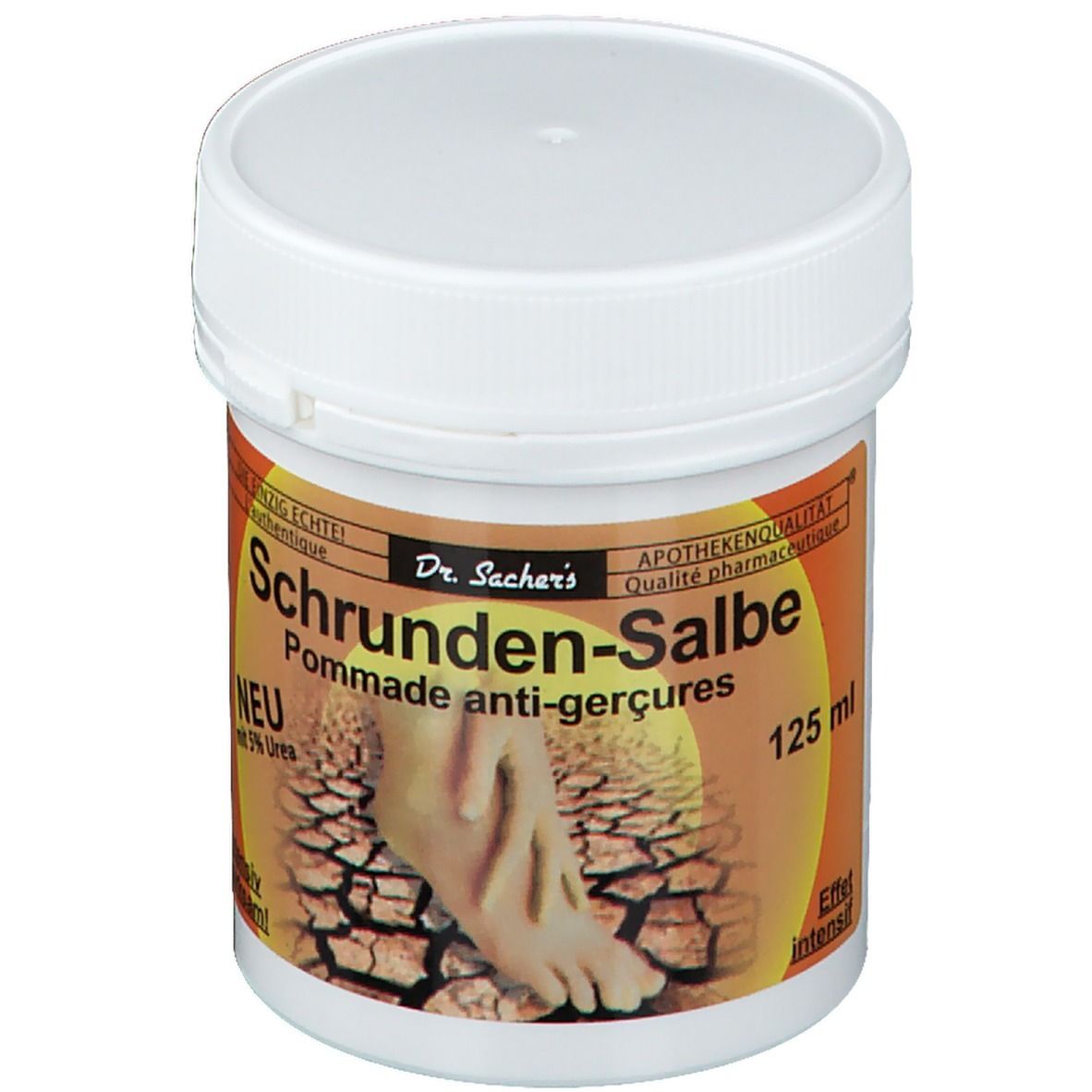 Witte pot met schroefdop. Etiket met productnaam: Schrunden-Salbe. Tekst: NEU mit 5% Urea. Afbeelding van een voet.