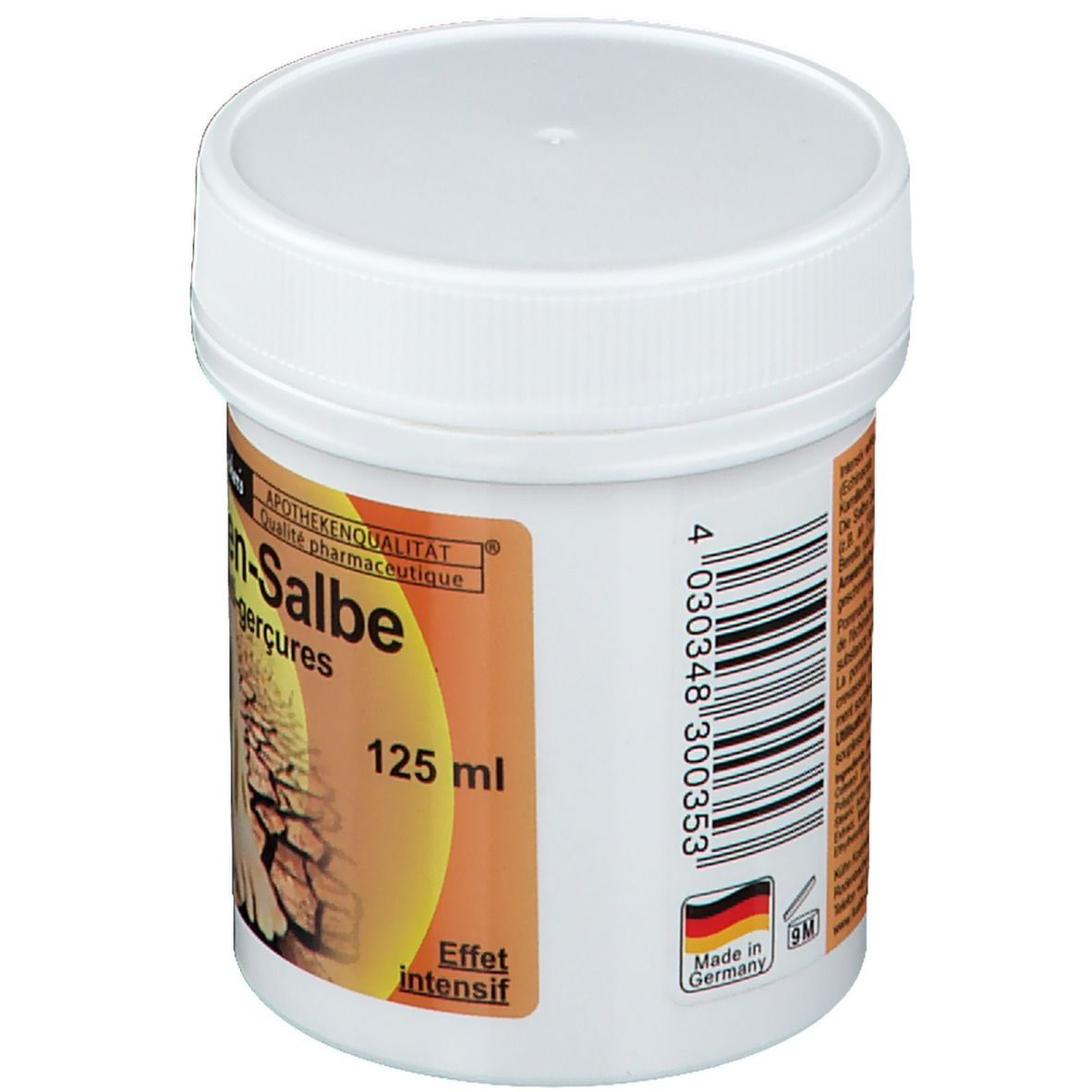 Witte pot met schroefdop. Etiket met productnaam: Schrunden-Salbe. Barcode en tekst: 125 ml. Gemaakt in Duitsland.