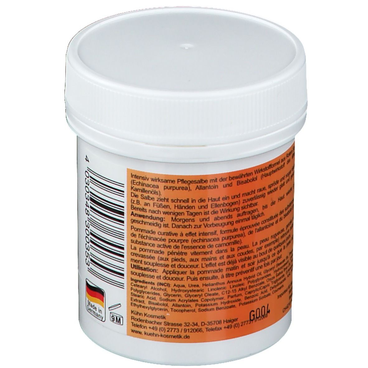 Witte pot met schroefdop. Etiket met productinformatie. Tekst: Intensief werkende verzorgingscrème. Gemaakt in Duitsland. 9M-symbool.