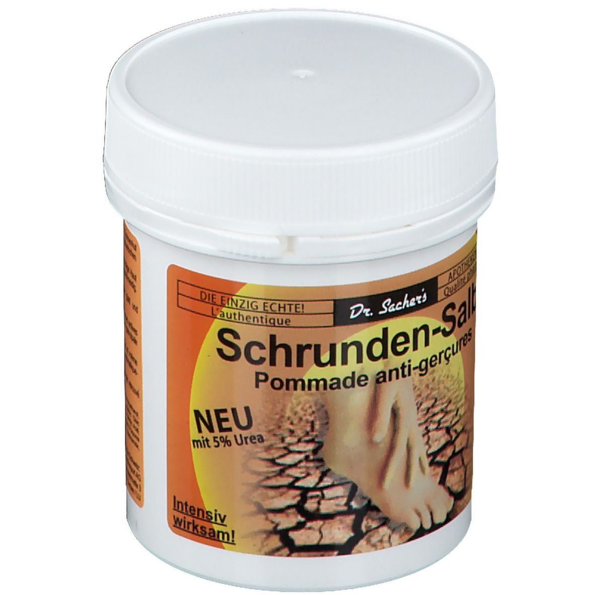 Witte pot met schroefdop. Etiket met productnaam: Schrunden-Salbe. Tekst: NEU mit 5% Urea. Intensief werkzaam!