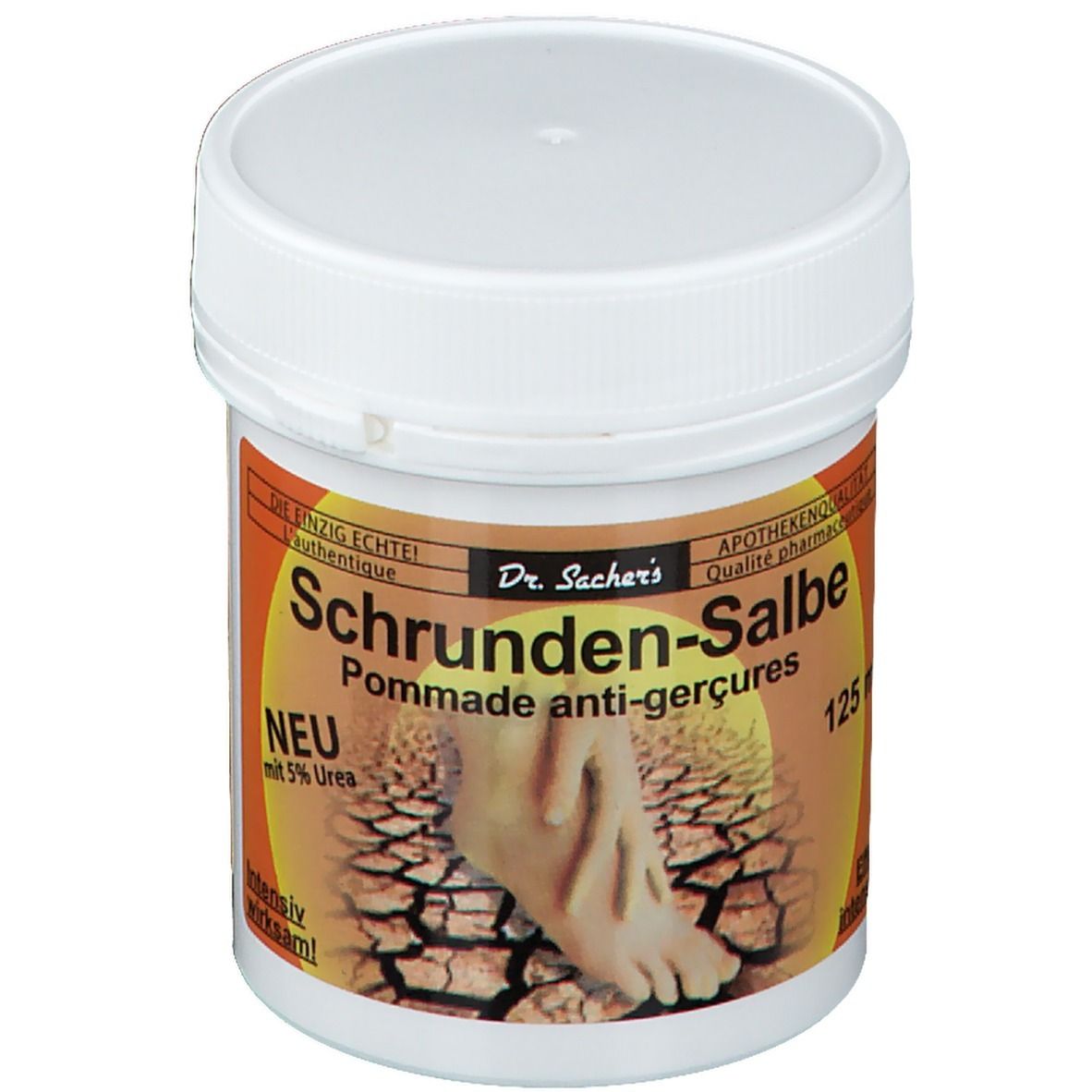 Witte pot met schroefdop. Etiket met productnaam: Schrunden-Salbe. Afbeelding van een voet. Tekst: NEU mit 5% Urea.