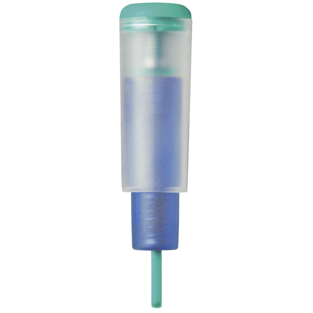 Dispositif médical. Appareil cylindrique en plastique vert et transparent. Pointe en bas, liquide bleu visible.
