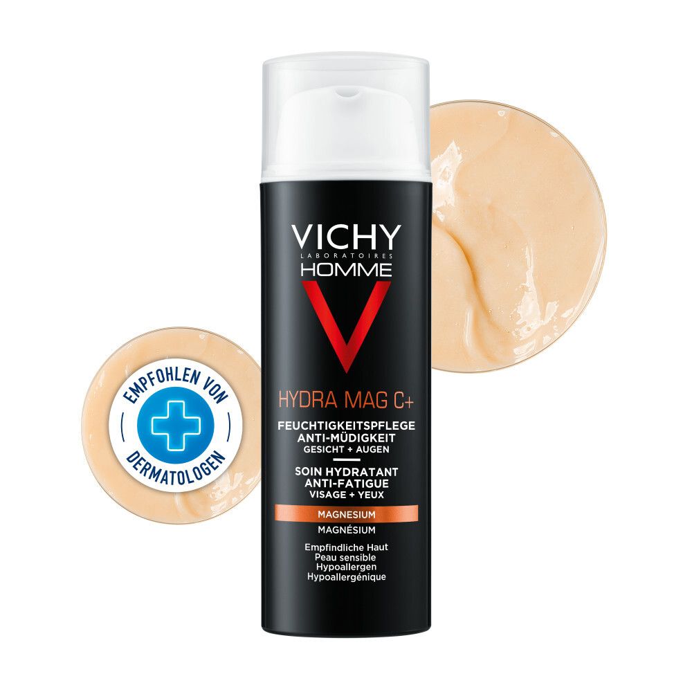 Zwarte fles met witte dop. VICHY HOMME Hydra Mag C+. Crèmetextuur ernaast. Aanbevolen door dermatologen.