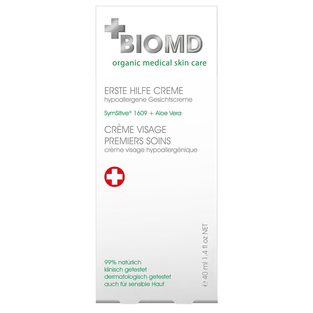 Tube de crème pour le visage BIOMD. Tube blanc avec croix rouge et texte. 40 ml.