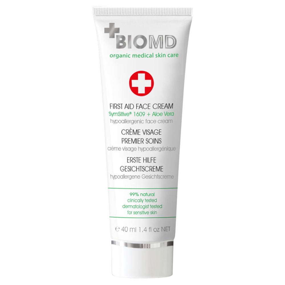 Tube de crème pour le visage BIOMD. Tube blanc avec croix rouge et texte. 40 ml.