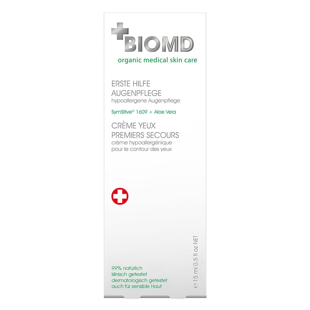 Witte tube met tekst. BIOMD logo, Eerste hulp oogcrème. 15 ml.
