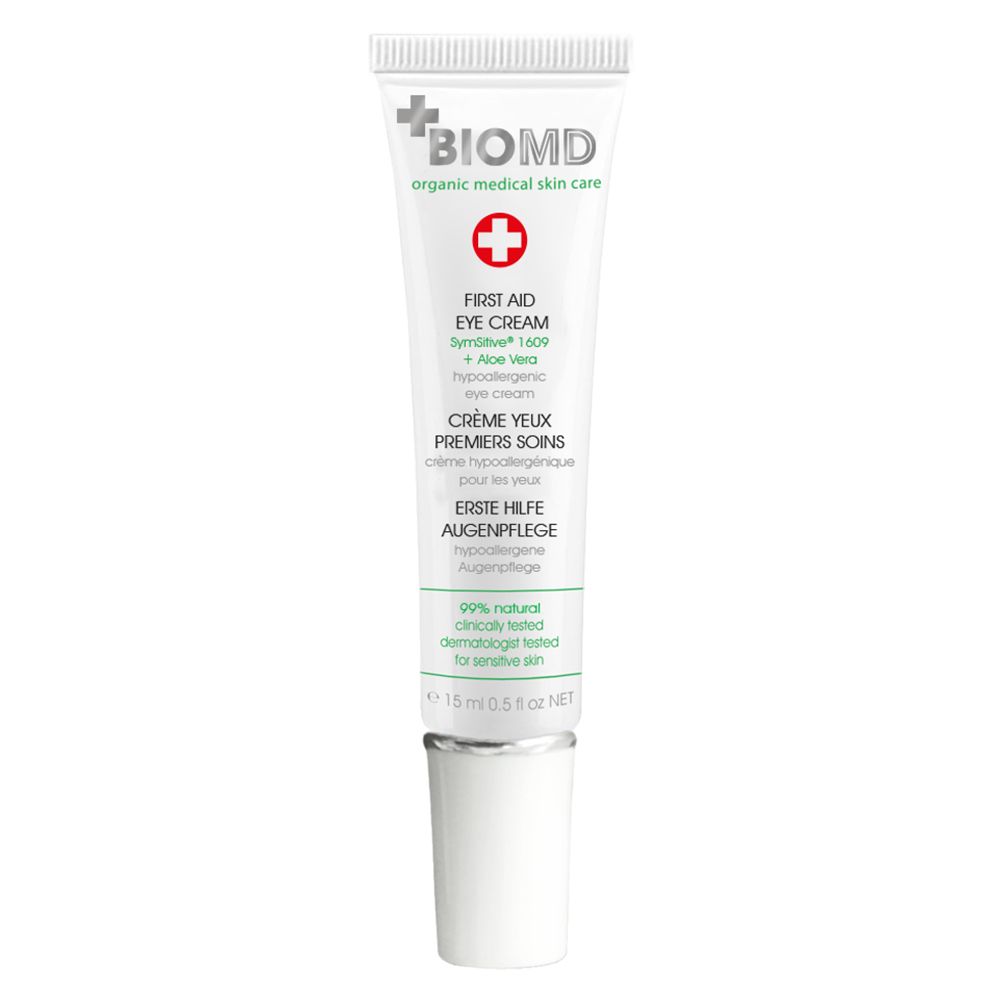 Tube met schroefdop. BIOMD logo, Eerste hulp oogcrème. 15 ml.