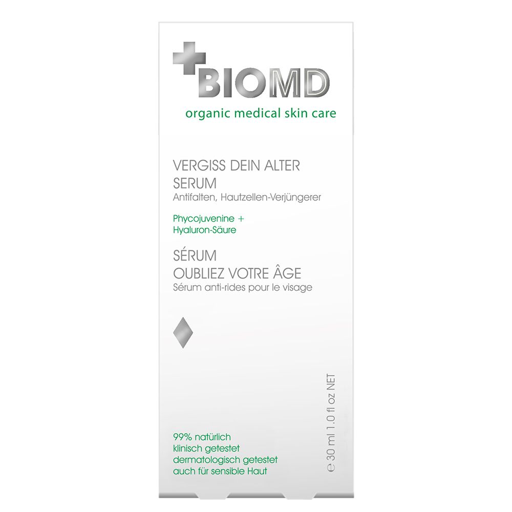 BIOMD serum verpakking. Wit, met logo en productinfo. Tekst: Vergiss dein Alter Serum.