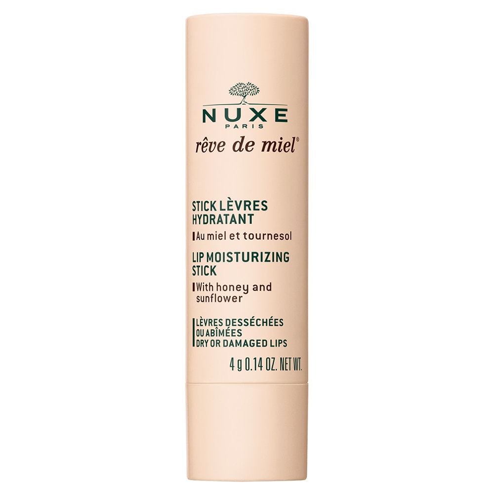 NUXE Rêve de Miel® lippenbalsem. Beige huls met logo en tekst. Bevat 4 g.