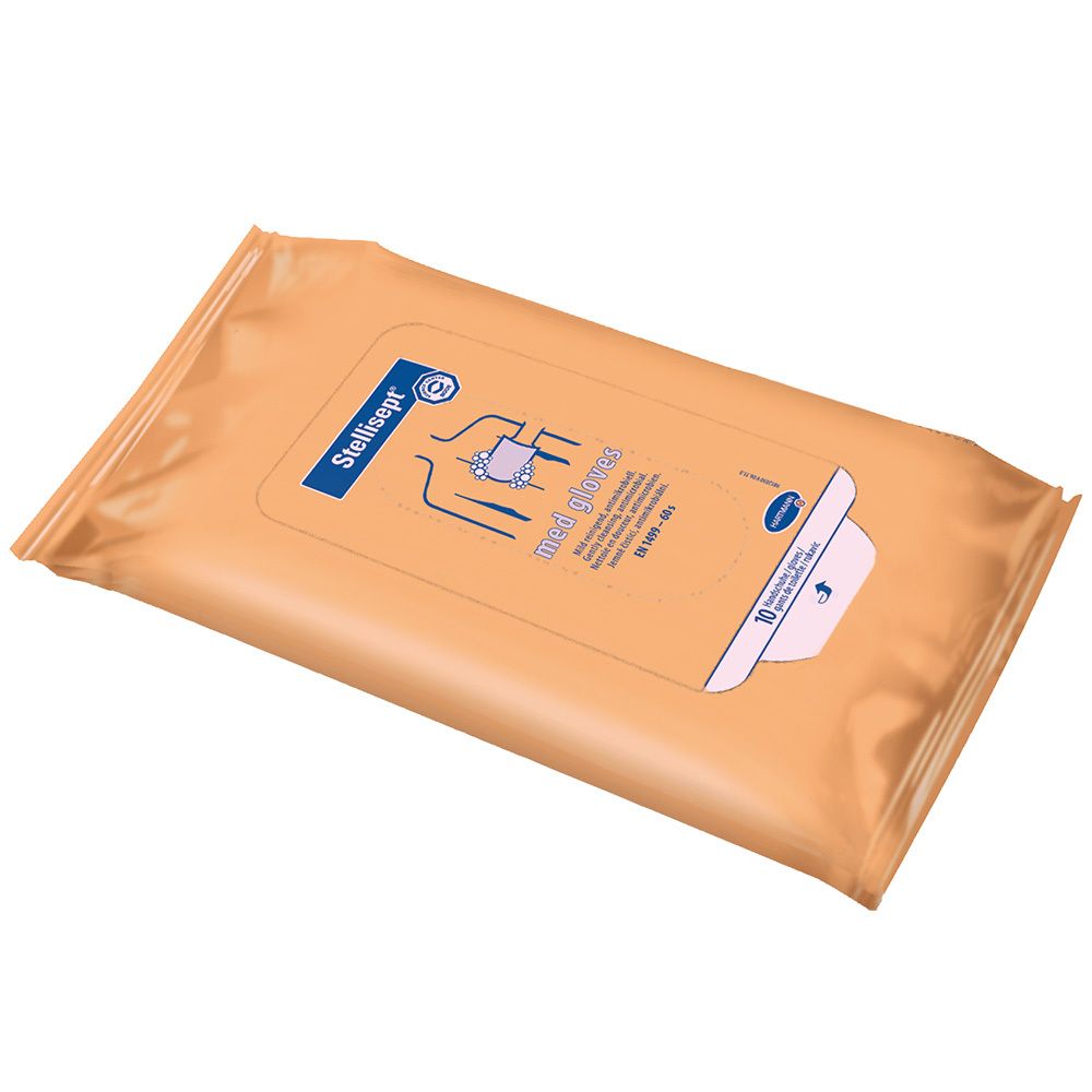 Emballage de gants Stellisept med. Film orange avec logo et illustration du produit.