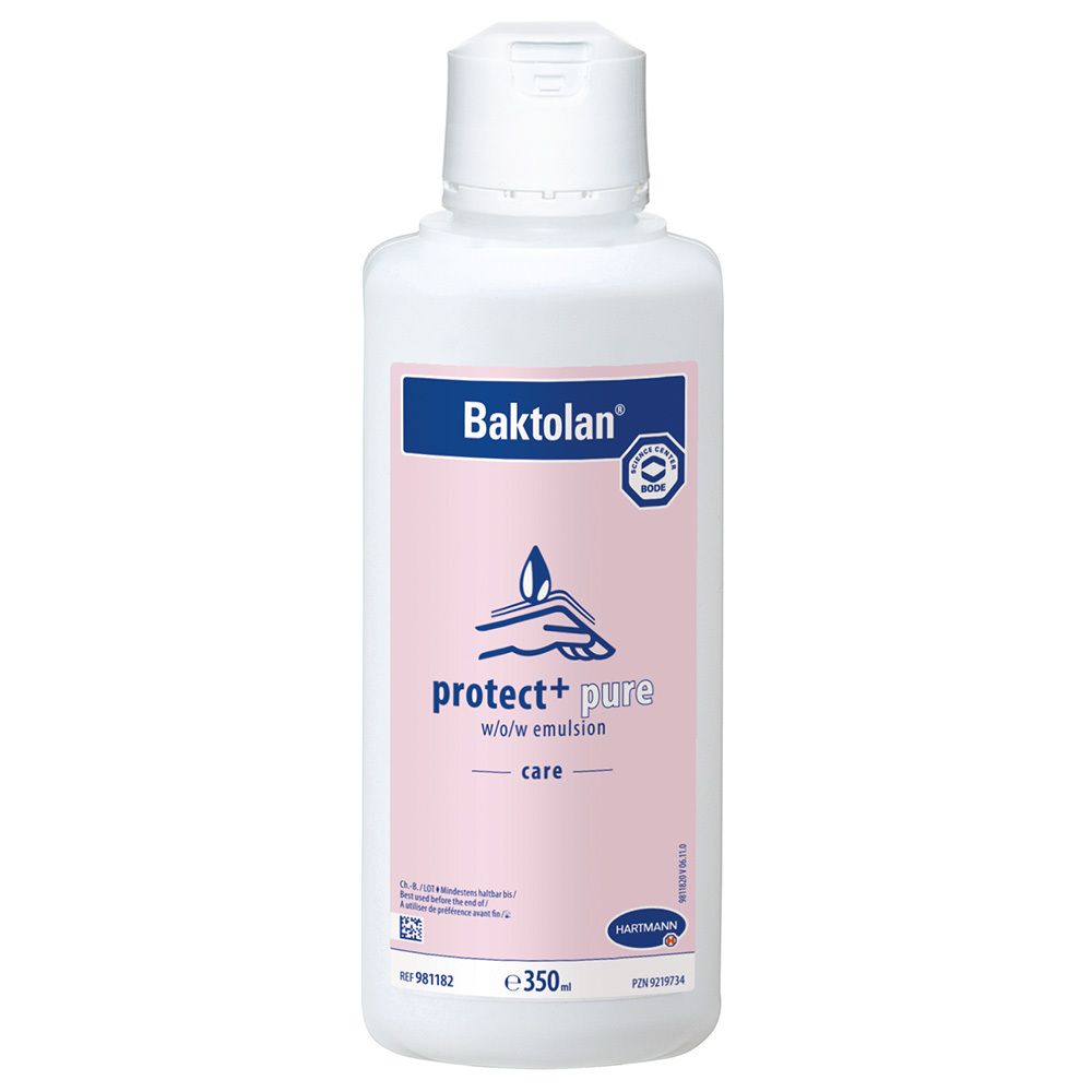 Flacon blanc avec bouchon rabattable. Inscription : Baktolan, protect+ pure, w/o/w emulsion care. Étiquette rose, 350 ml.
