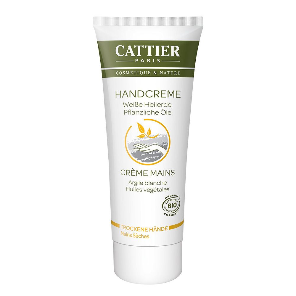 Witte handcrèmetube met groene dop. Opschrift: CATTIER, Handcreme, Witte klei. Bio-keurmerk.