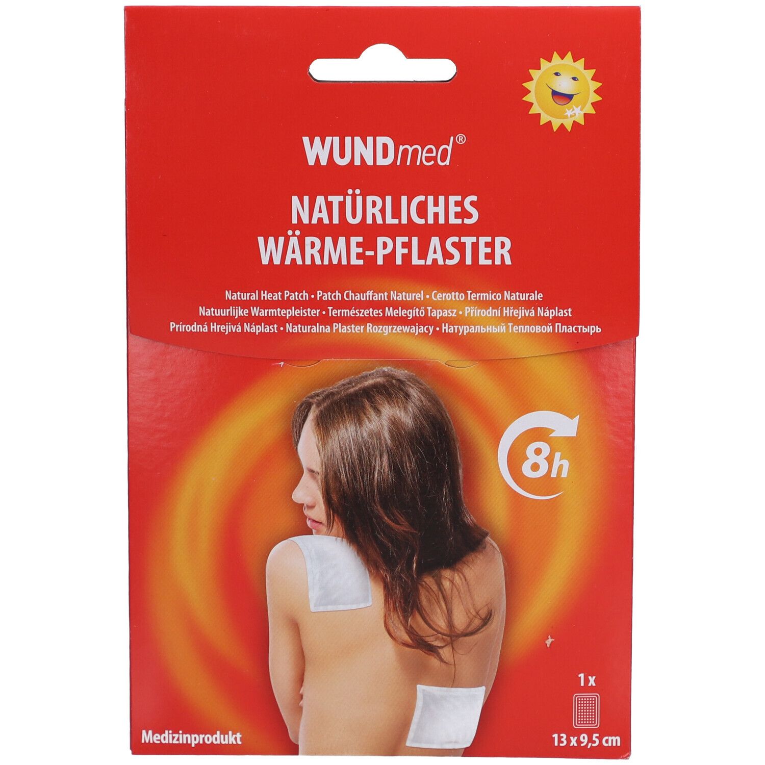 WUNDmed warmtepleisterverpakking. Rode verpakking met productafbeelding en 8h-symbool. 13 x 9,5 cm.
