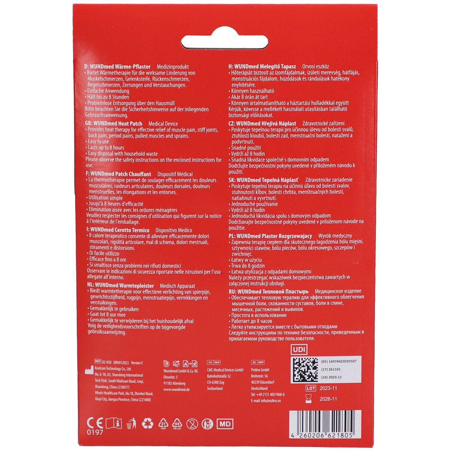 Achterkant van de WUNDmed warmtepleisterverpakking. Rode achtergrond met meertalige tekst en CE-markering.