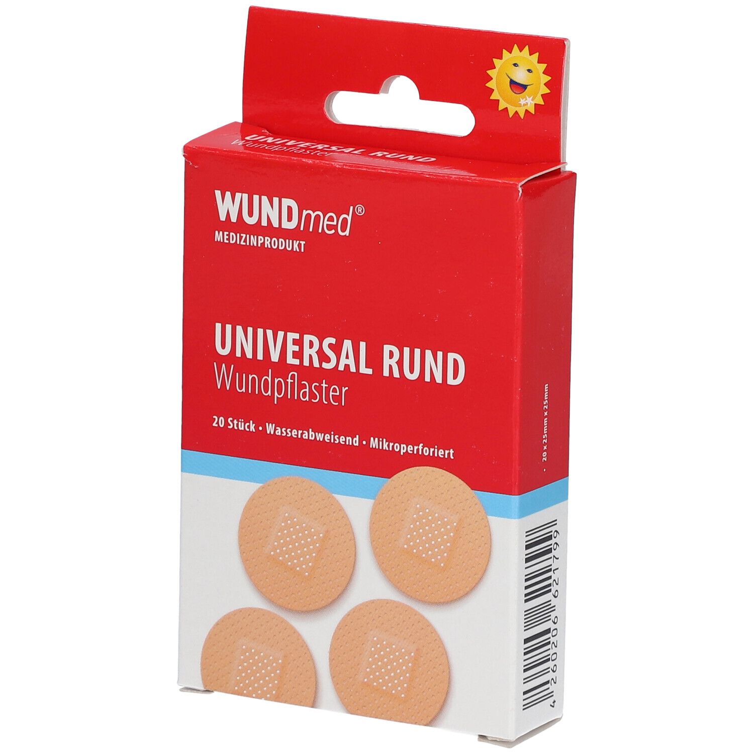 Verpakking met ronde pleisters. Opschrift: WUNDmed, Universal Rund Wundpflaster, 20 stuks, waterafstotend, microgeperforeerd.