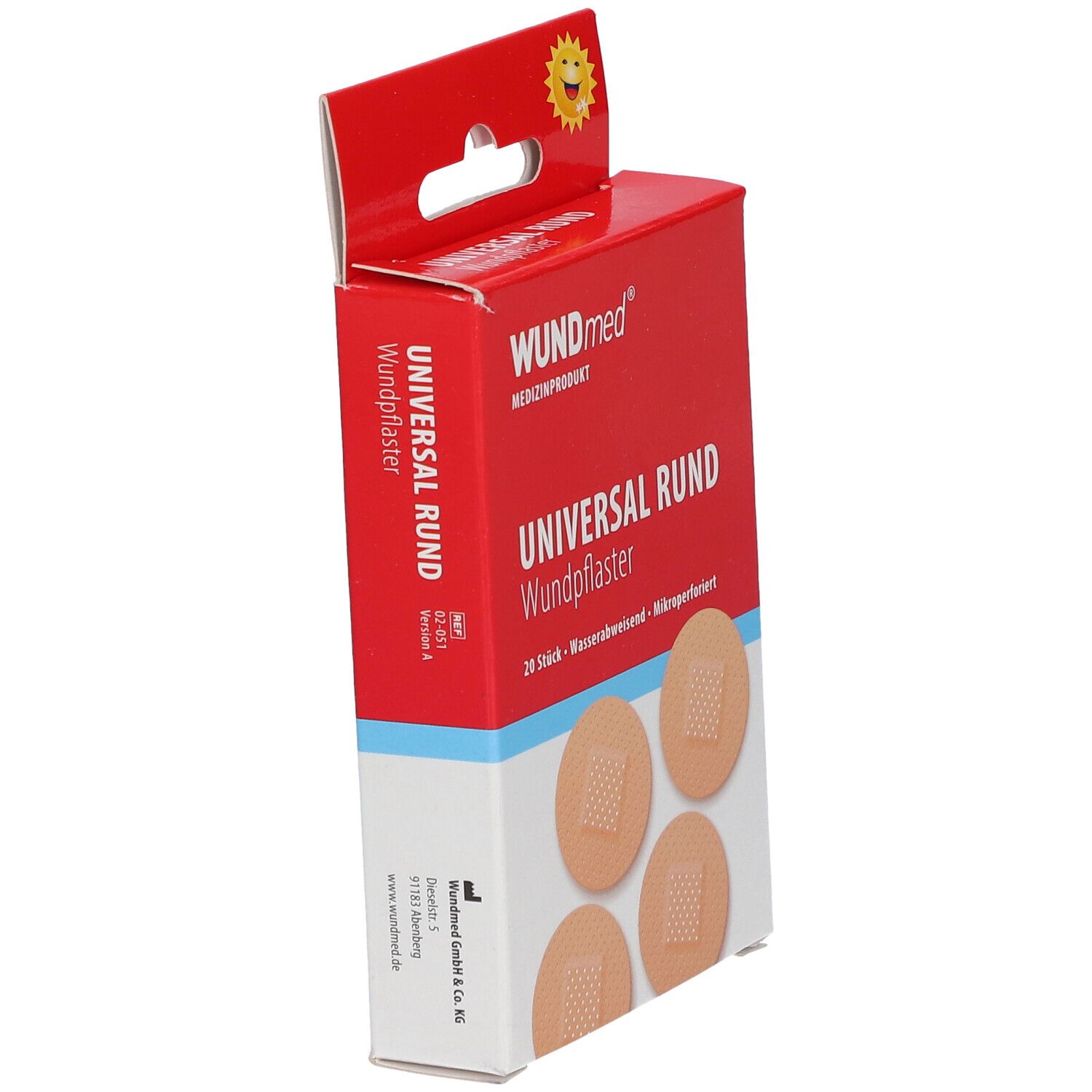 Rode verpakking met ronde pleisters. Opschrift: WUNDmed, Universal Rund Wundpflaster, 20 stuks. Toont 4 pleisters.