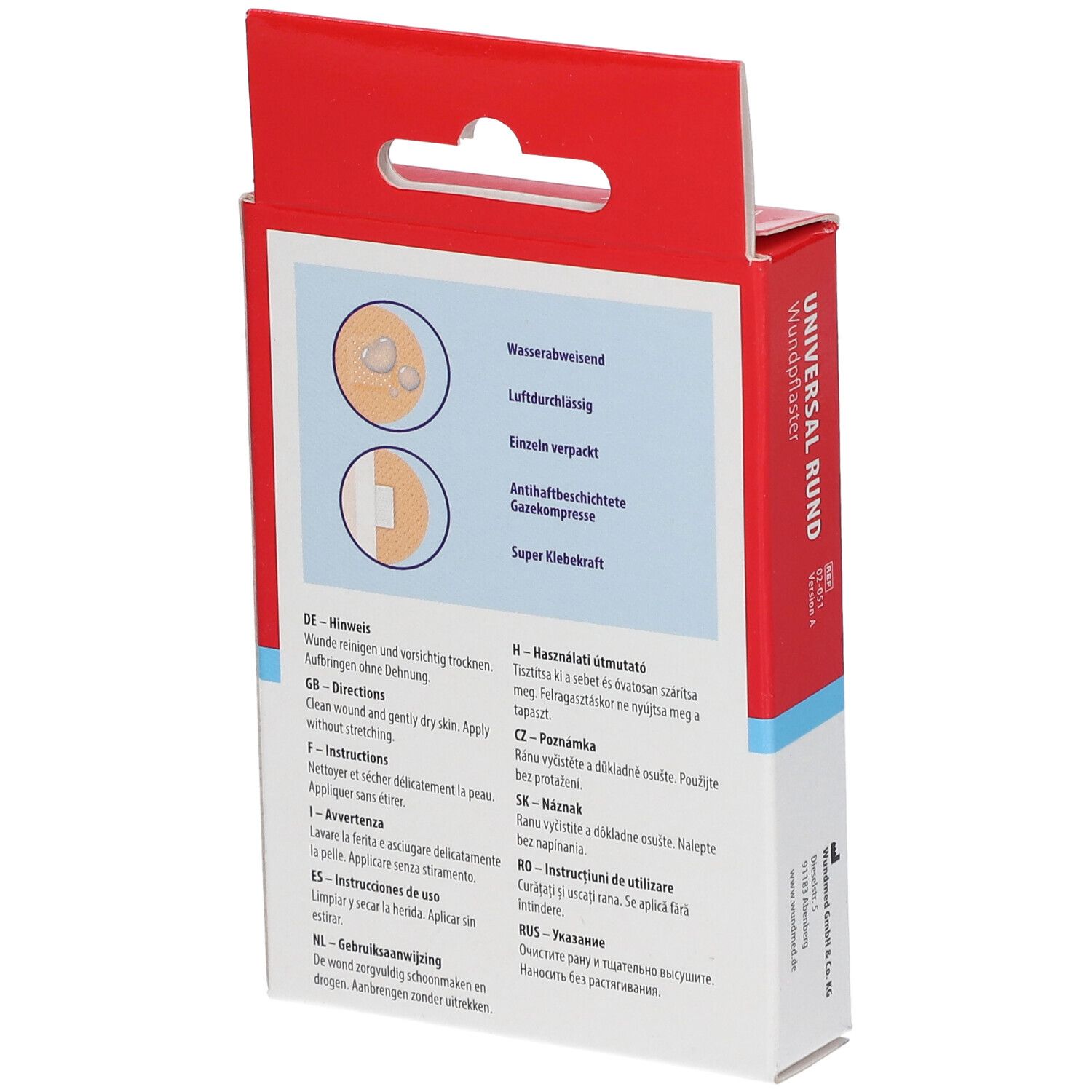 Achterkant van de verpakking met ronde pleisters. Illustraties: pleister, luchtdoorlatend, individueel verpakt, antibacterieel gaasje.