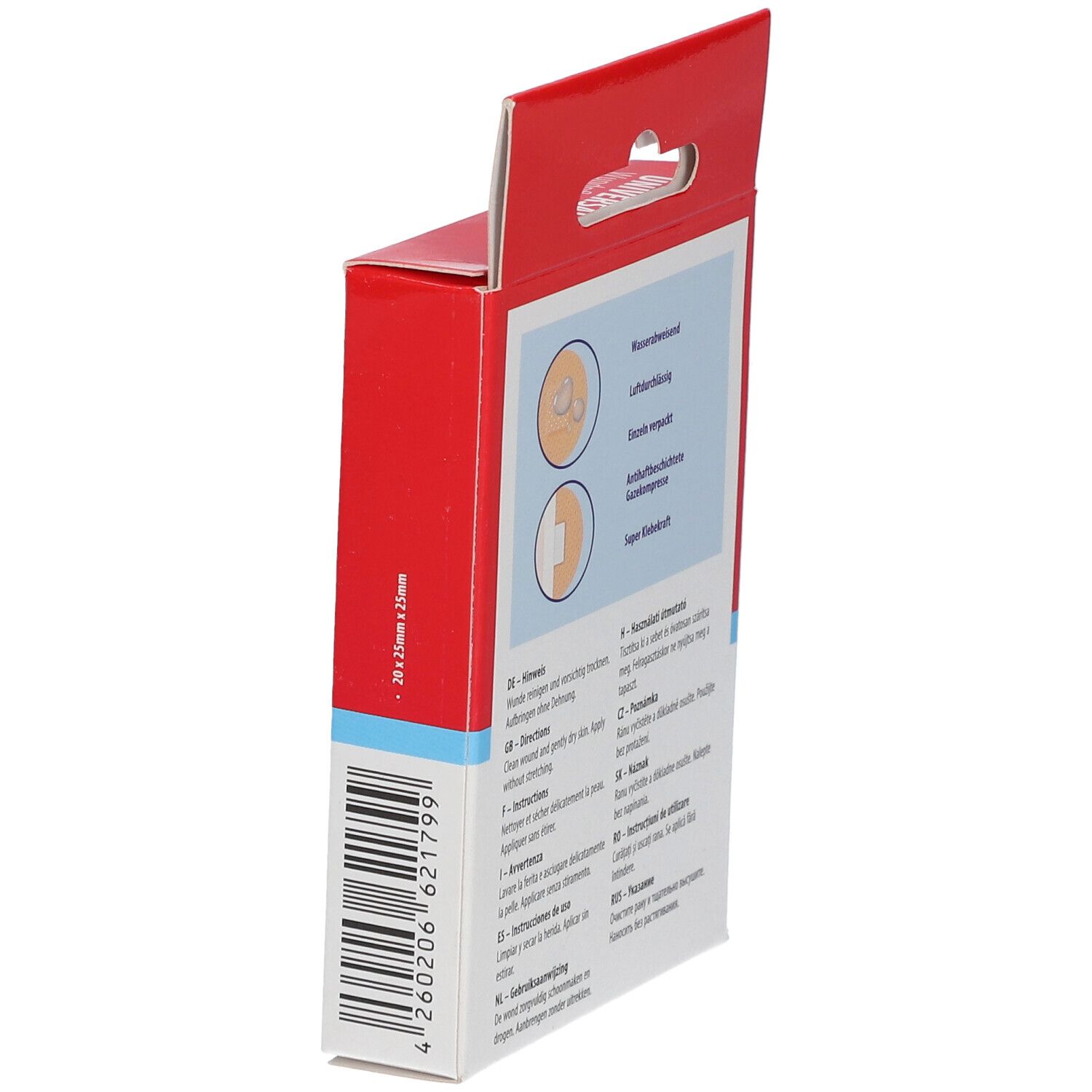 Achterkant van de verpakking met ronde pleisters. Illustraties: pleister, luchtdoorlatend, individueel verpakt, antibacterieel gaasje.