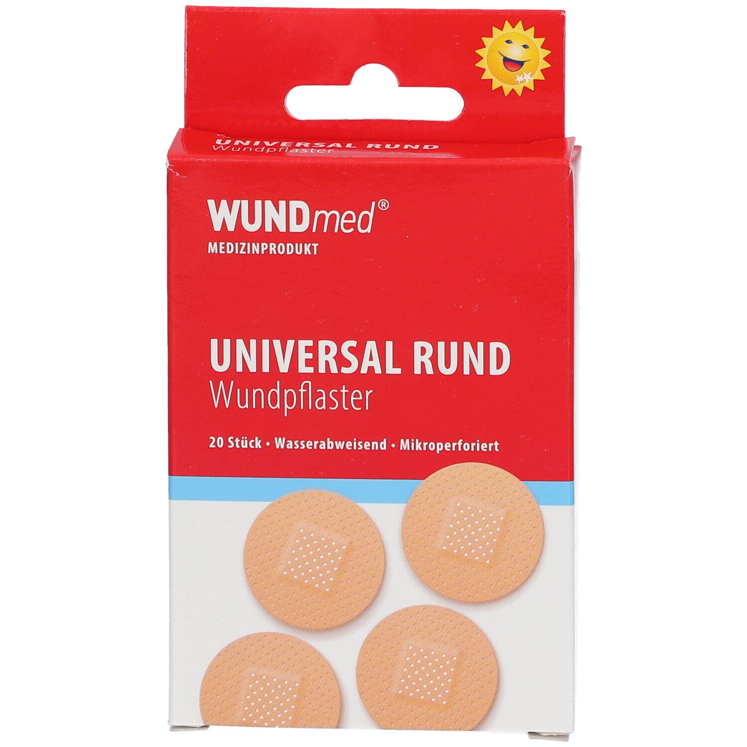 Verpakking met ronde pleisters. Opschrift: WUNDmed, Universal Rund Wundpflaster, 20 stuks, waterafstotend, microgeperforeerd. 4 pleisters.
