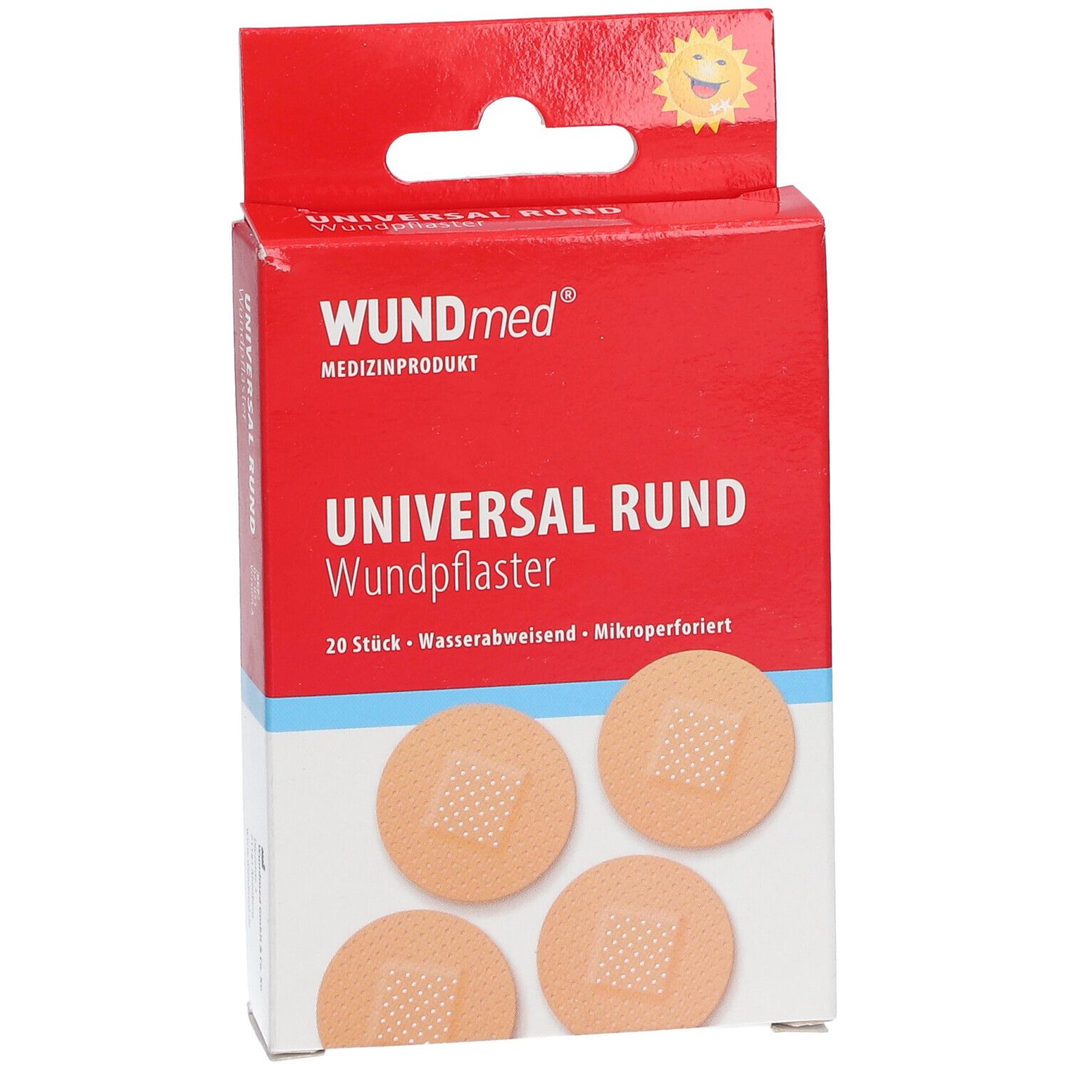 Verpakking met ronde pleisters. Opschrift: WUNDmed, Universal Rund Wundpflaster, 20 stuks, waterafstotend, microgeperforeerd. 4 pleisters.