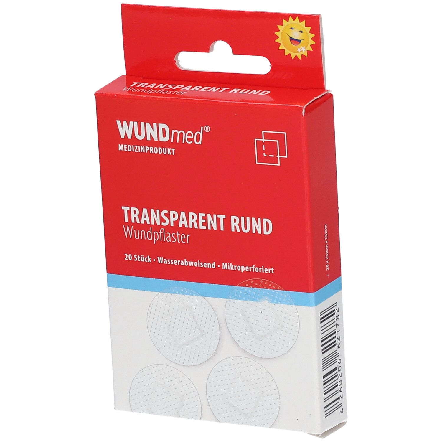 Boîte rouge de pansements ronds transparents. Inscription: WUNDmed, transparent rond, 20 pièces, hydrofuge, micro-perforé.