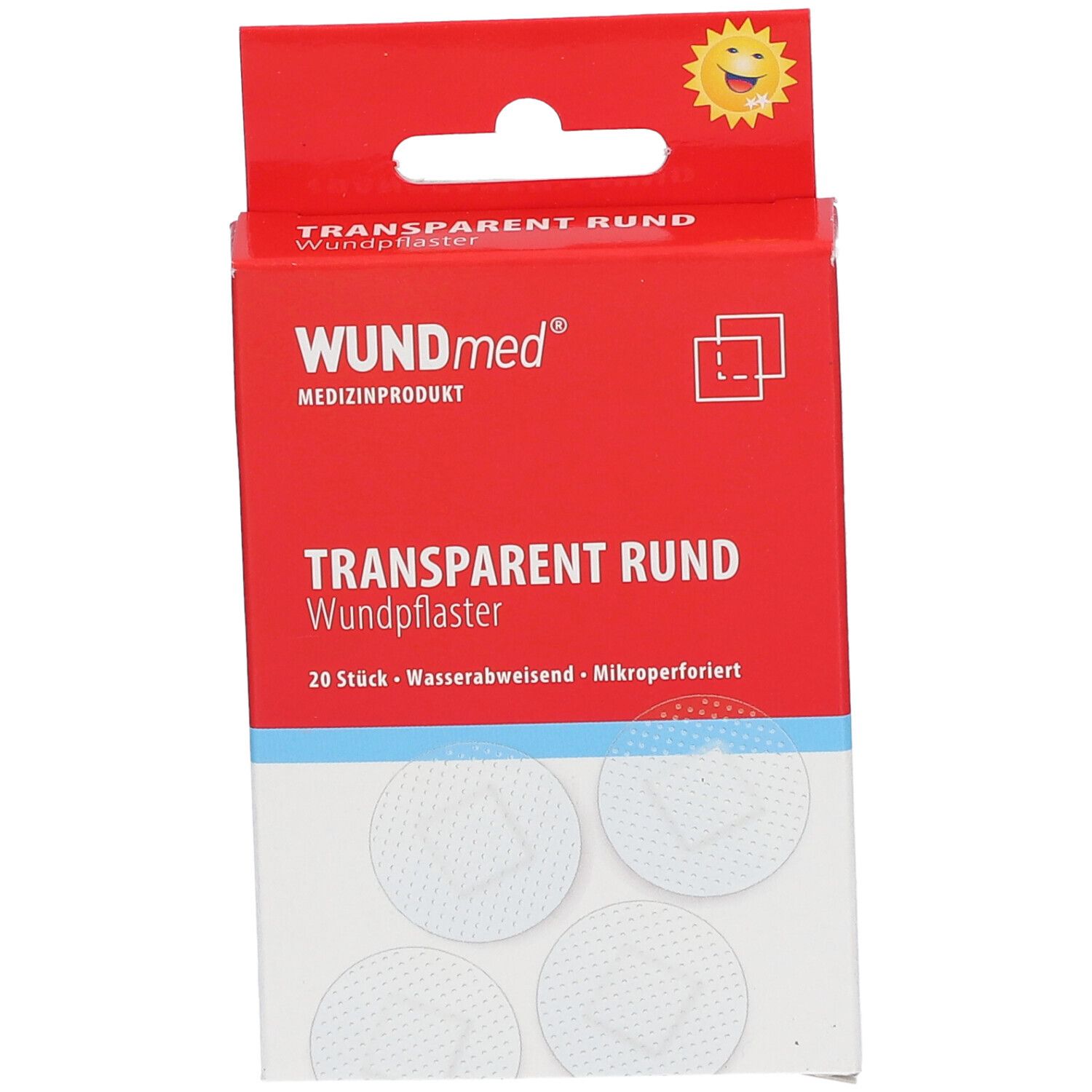 Boîte rouge de pansements ronds transparents. Inscription: WUNDmed, transparent rond, 20 pièces, hydrofuge, micro-perforé. Vue en biais.