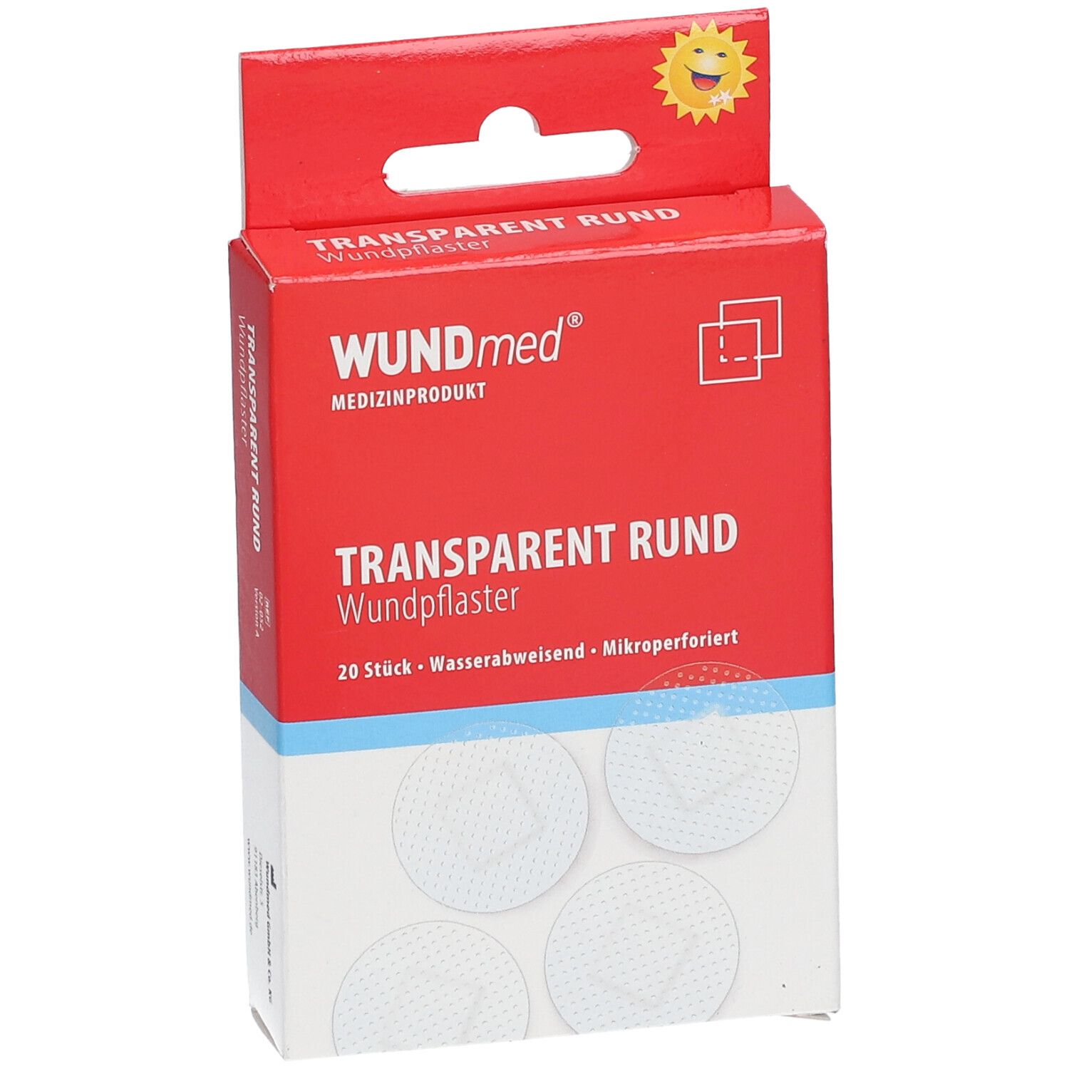 Boîte rouge de pansements ronds transparents. Inscription: WUNDmed, transparent rond, 20 pièces, hydrofuge, micro-perforé. Gros plan.