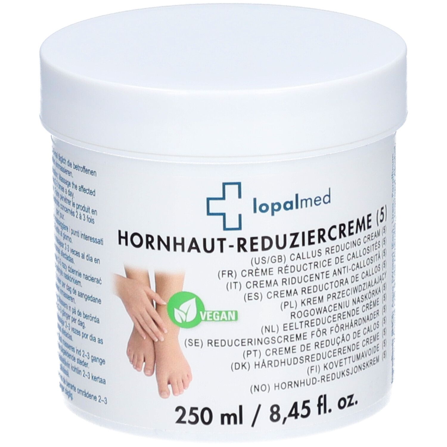 Witte pot met Lopalmed-logo en productnaam. Vegan zegel. 250 ml / 8,45 fl. oz.
