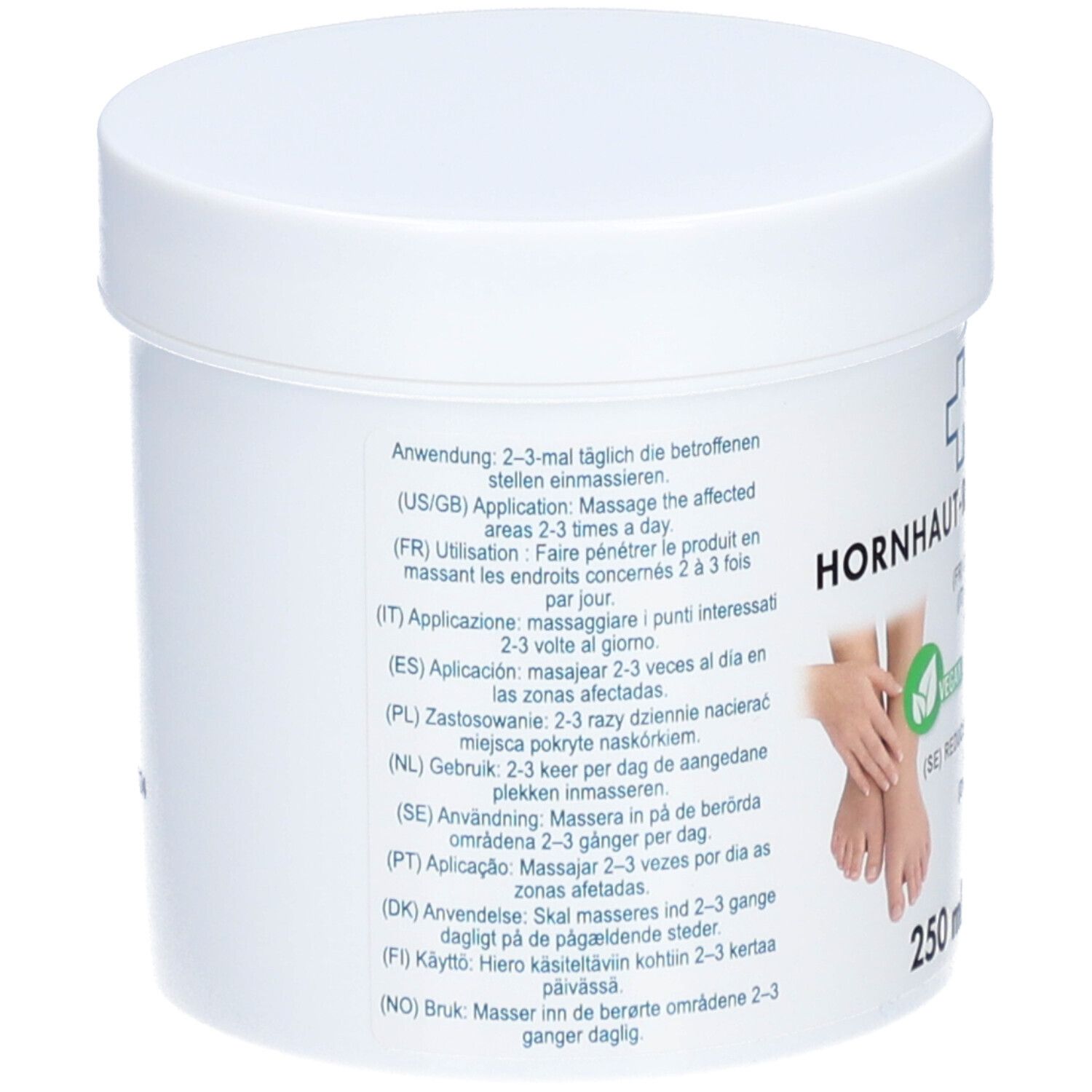 Witte pot, achterkant met gebruiksaanwijzing in meerdere talen. 250 ml.