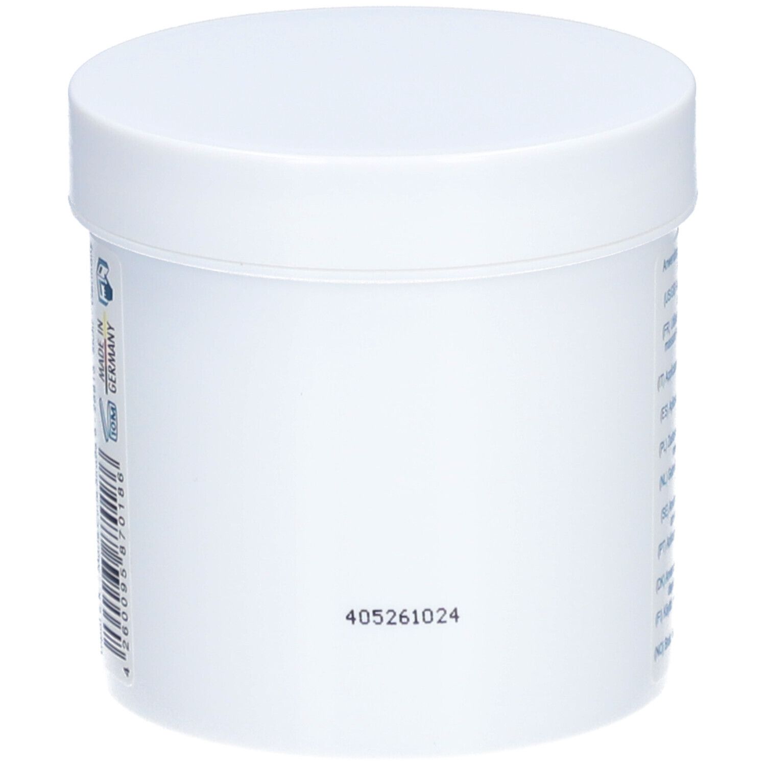 Witte pot, achterkant met productcode en fabrikantinfo. 405261024.