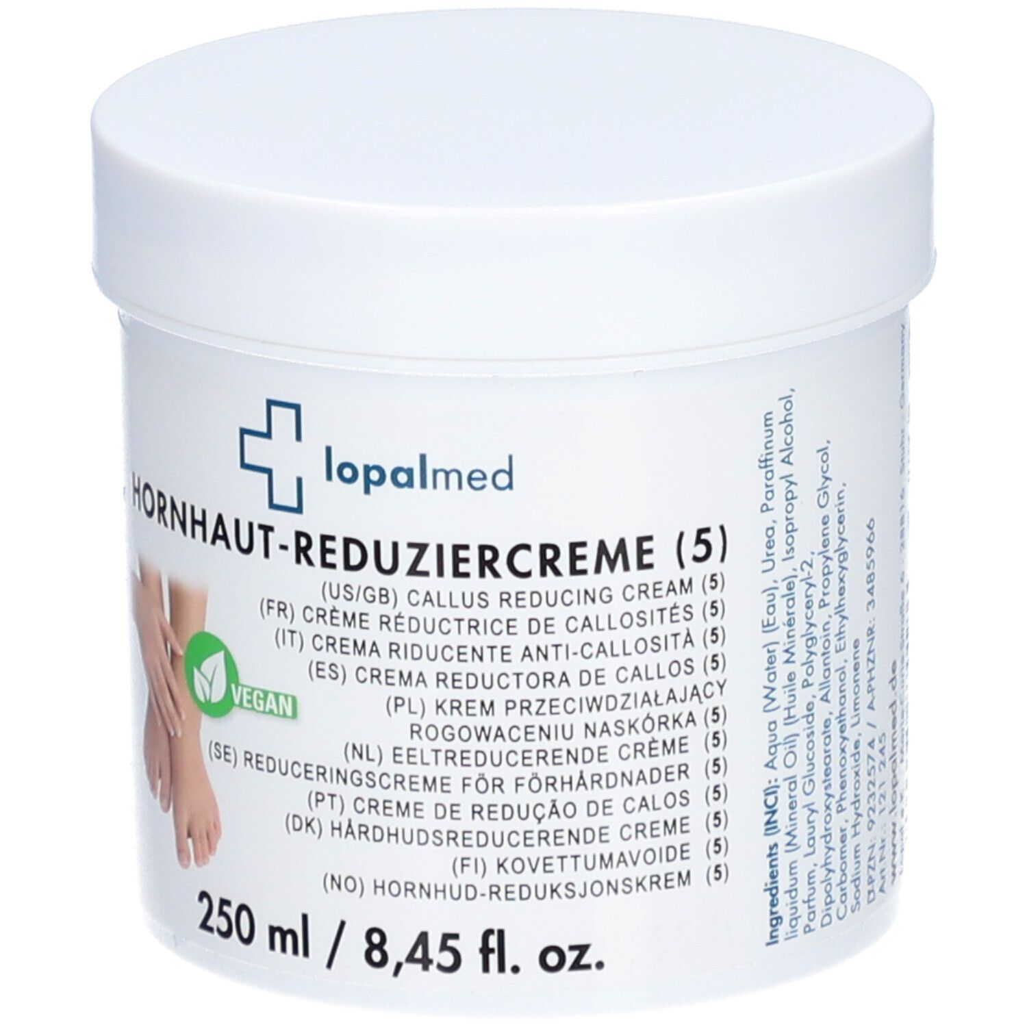 Witte pot met Lopalmed-logo en productnaam. Ingrediënten vermeld. 250 ml / 8,45 fl. oz.