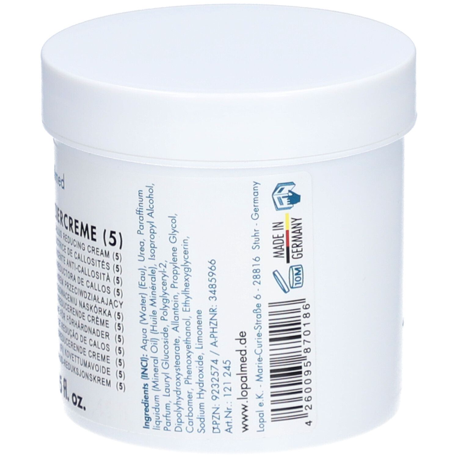 Witte pot, achterkant met ingrediënten, fabrikantinfo en barcode. Made in Germany.
