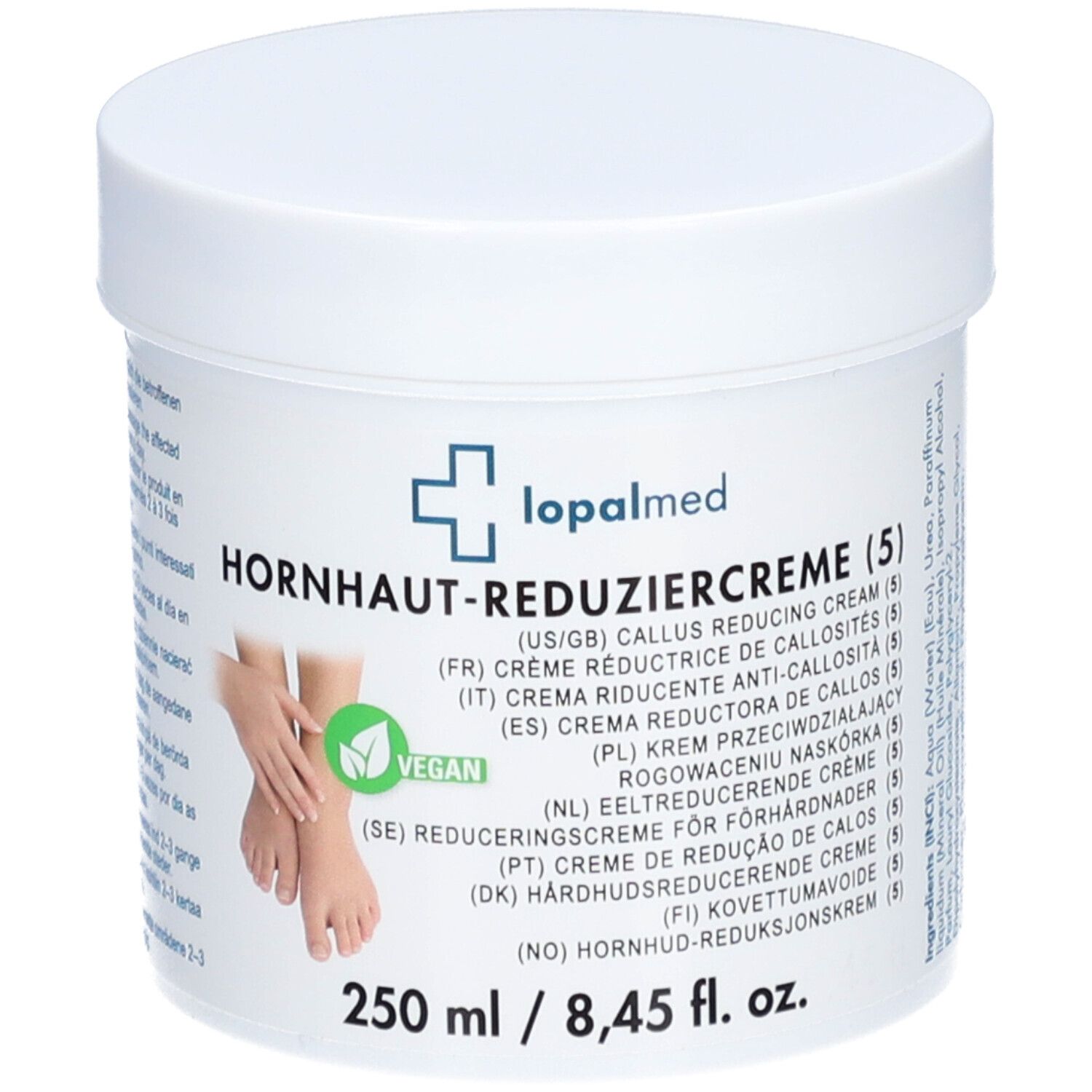 Witte pot met Lopalmed-logo en productnaam. Vegan zegel. 250 ml / 8,45 fl. oz.