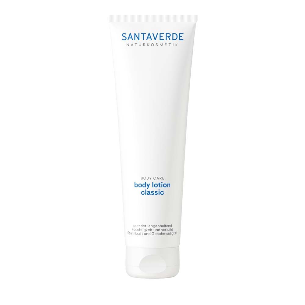 Witte tube met blauwe tekst: SANTAVERDE NATURKOSMETIK BODY CARE body lotion classic.