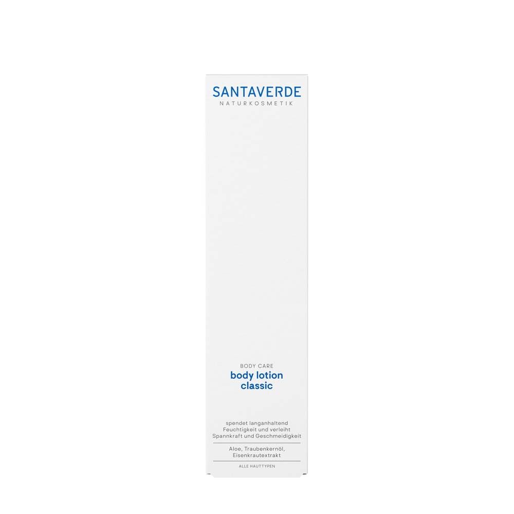 Witte verpakking voor SANTAVERDE Body Lotion Classic met blauwe belettering.