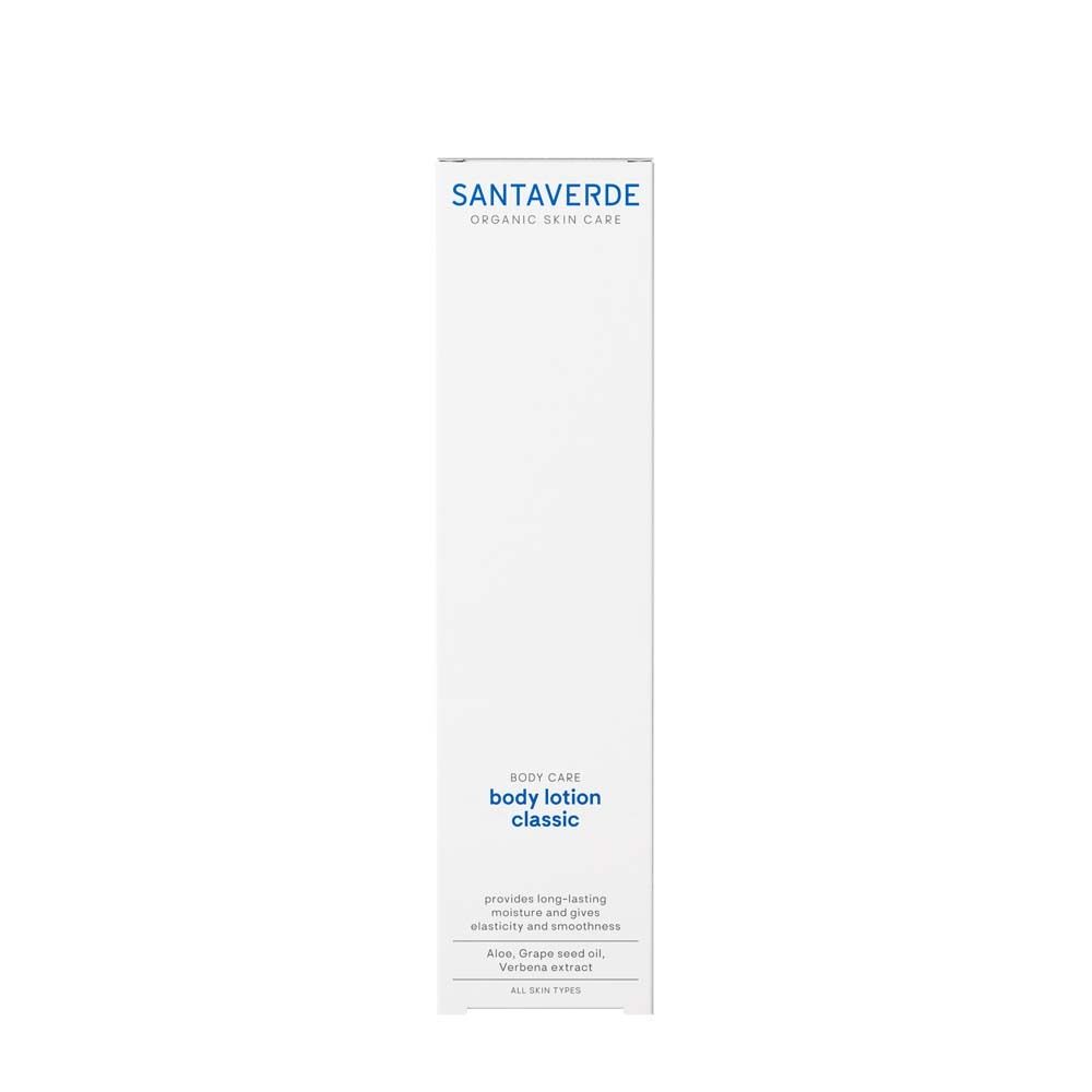 Witte verpakking voor SANTA VERDE Body Lotion Classic. Bevat aloë, druivenpitolie en verbena-extract.
