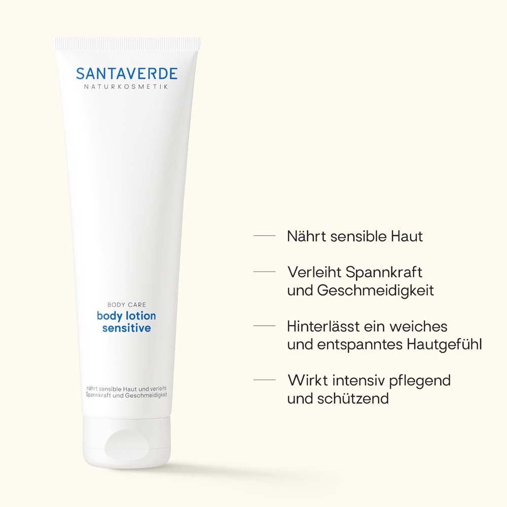 Witte tube SANTAVERDE body lotion sensitive. Tekst: Voedt de gevoelige huid, geeft elasticiteit.