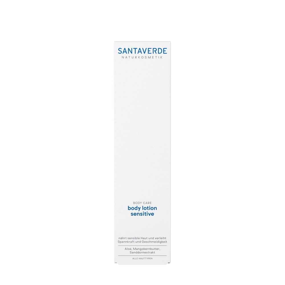 Witte verpakking SANTAVERDE body lotion sensitive. Product voor de gevoelige huid.