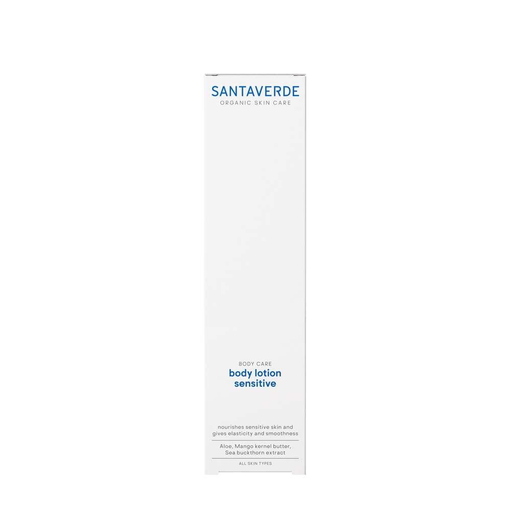 Witte verpakking SANTAVERDE organic skin care body lotion sensitive. Gevoelige huid.