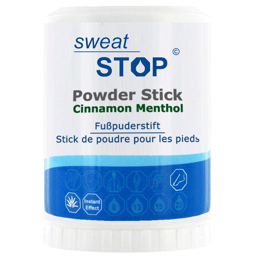 Witte cilinder met blauwe band. Opschrift: SweatStop, Powder Stick Cinnamon Menthol, Fußpuderstift. Logo en voetsymbool.