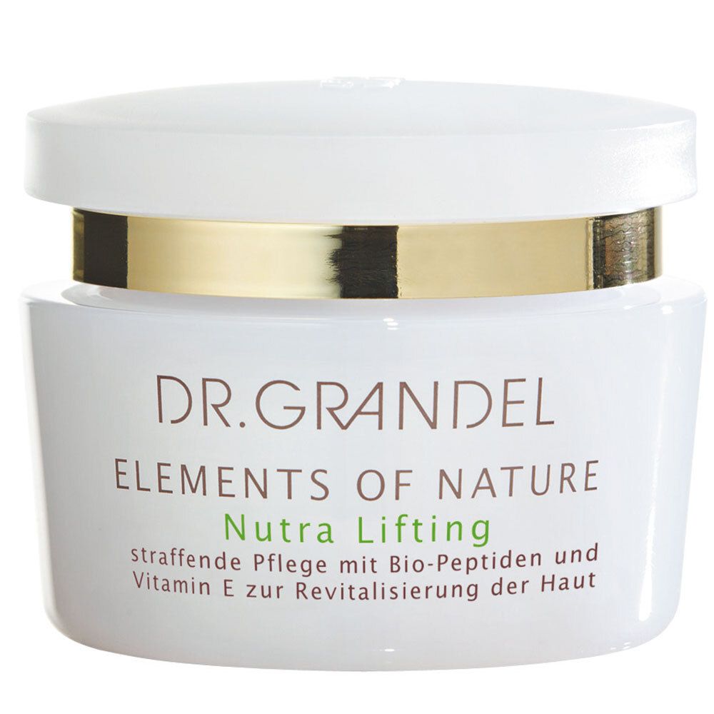 Witte pot met gouden ring. Opschrift: DR. GRANDEL ELEMENTS OF NATURE Nutra Lifting. Verstevigende verzorging met bio-peptiden.
