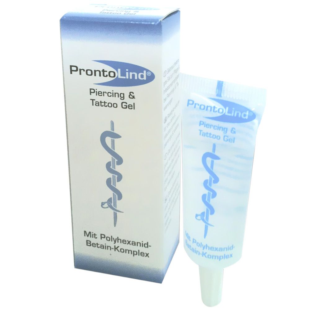 Tube et emballage de gel ProntoLind. Inscription : Piercing & Tattoo Gel. Avec complexe Polyhexanide-Bétaïne.